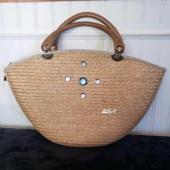 Pier Giorgio Womens Bag Straw Wood Handles Rhinestone Crescent Zip Closure Italy - Picture 1 of 10